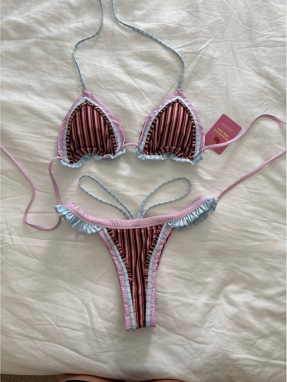 Strawberry Milk Mob Pink Striped Ruffle Bikini Set Angel Fish Large Top Medium